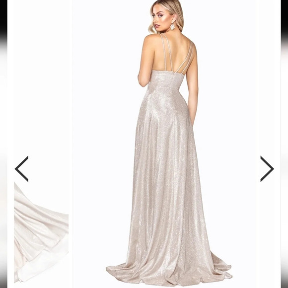 CINDERELLA DIVINE sz.2 Metallic Glitter Evening Formal Dress Champagne High Slit - Picture 6 of 16
